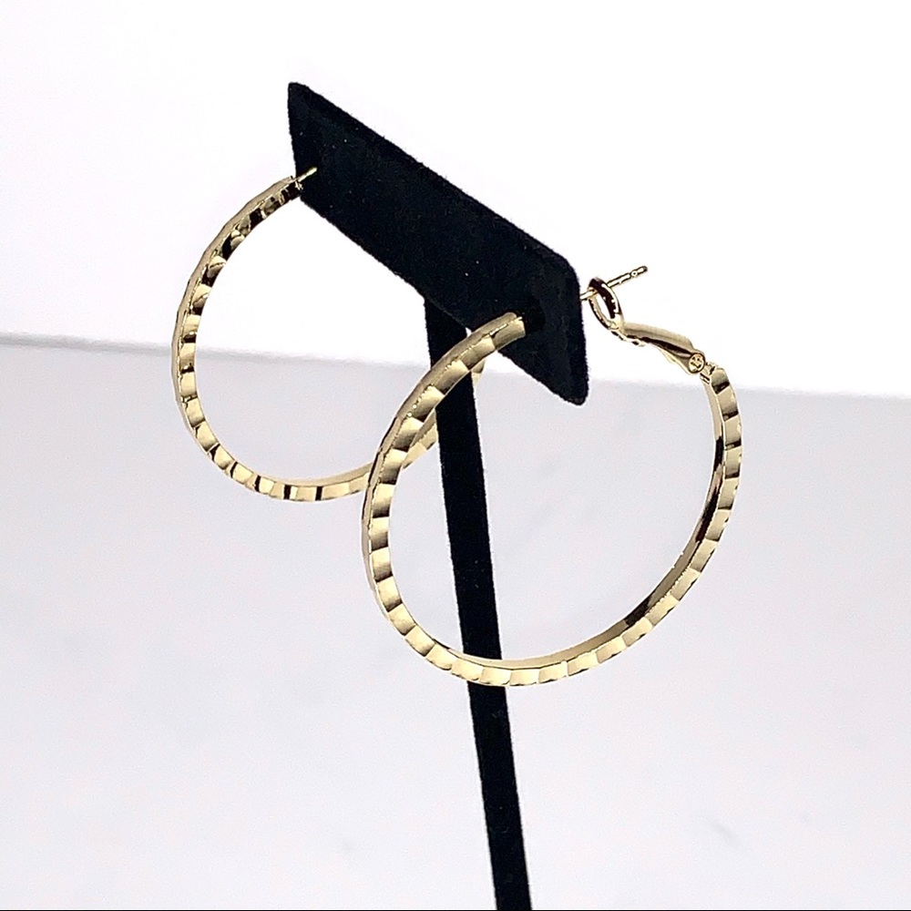 Gold Tone  Three Dimensional Cut Hoop Earrings